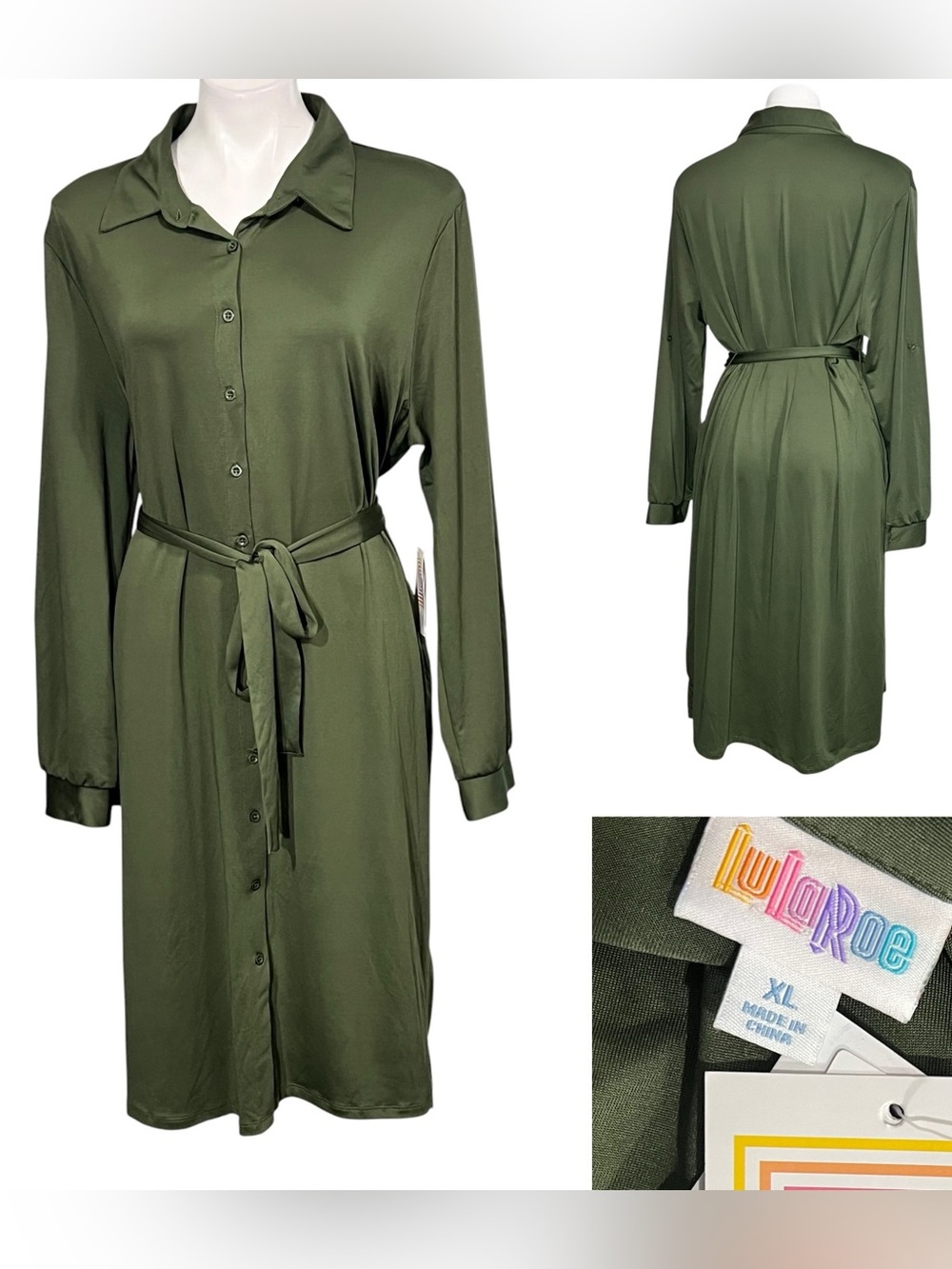 LuLaRoe Ellie Shirt Dress XL Olive Green Button-Front Tie Waist office fall